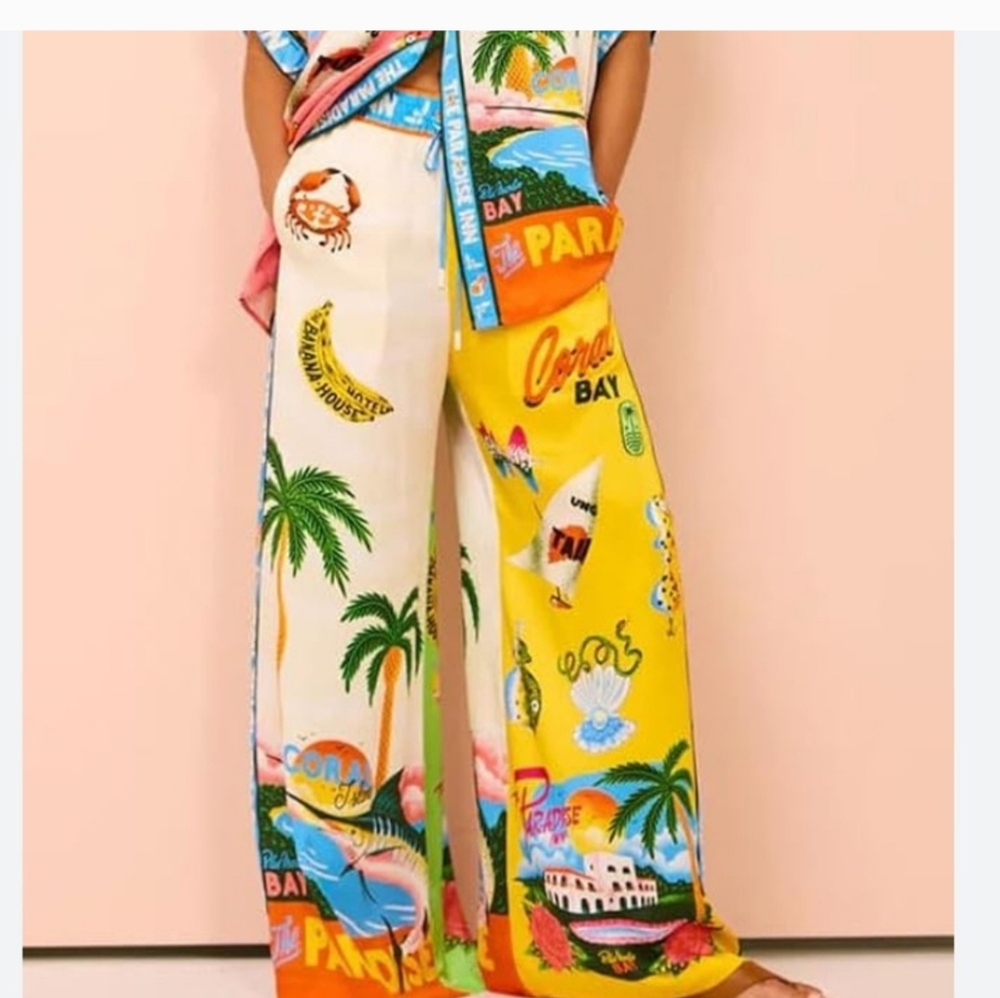 New JOIE Satin Effect Graffiti Print Pants With Pockets Hawaiian Loungewear